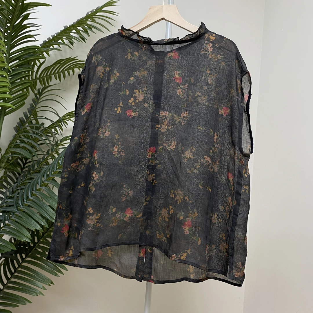 【无袖木耳边咖色印花苎麻衬衫】3785 前后两穿