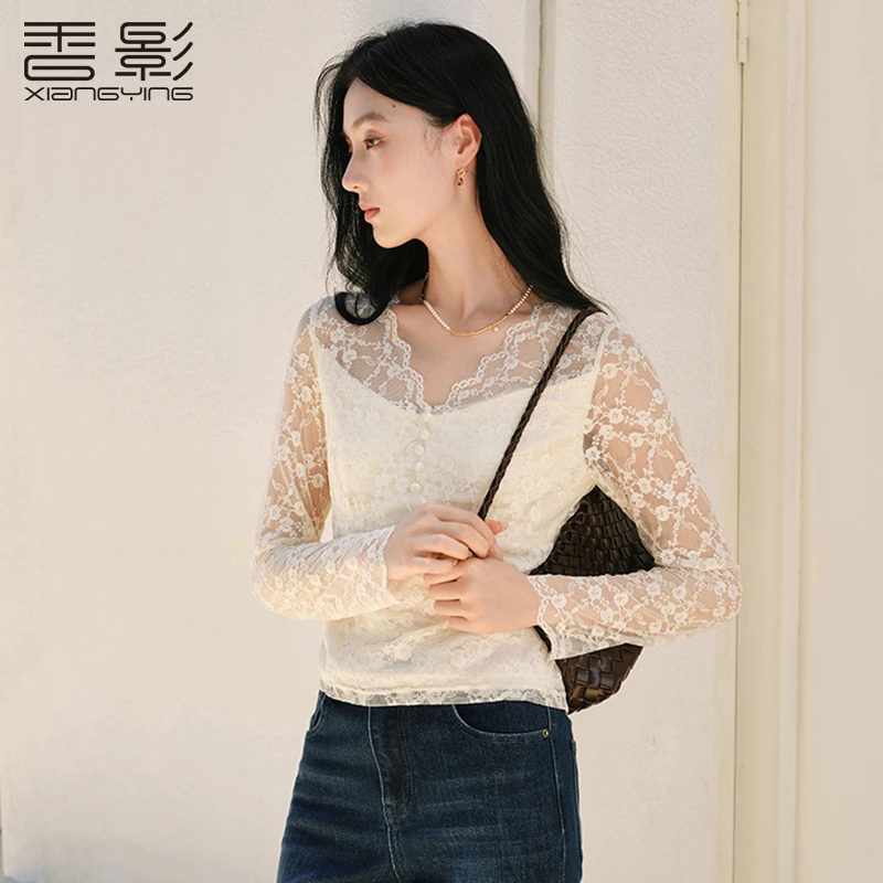 【直播专享】S85A406雪纺衫 香影假两件v领蕾丝衬衫女秋季新款钩