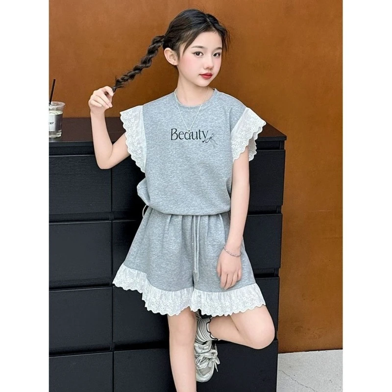 女大童蕾丝花边短袖T恤套装2025夏季新款韩系女孩休闲短裤两件套