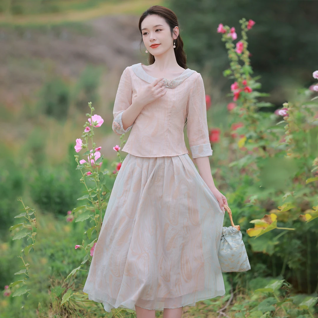 烟花烫复古国风粉色减龄套装女中式衬衫上衣半身裙 春堤堤春
