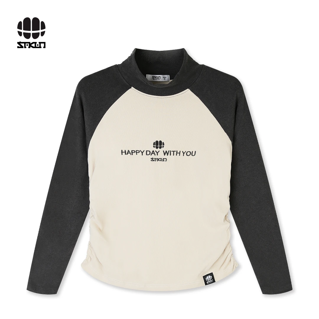 SAKUN【欧若风】初秋复古修身撞色正肩长袖T恤3143-1213983-MM