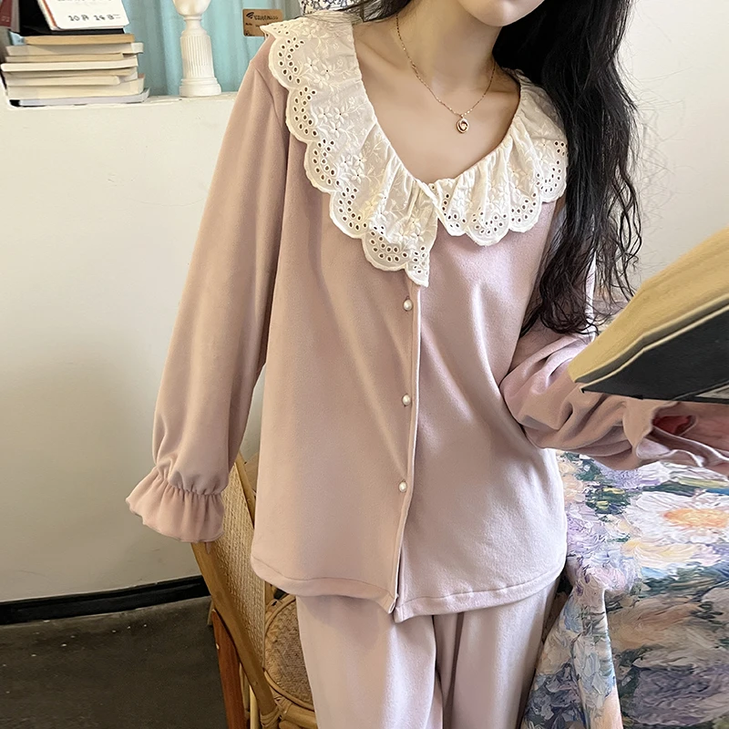 韩国海岛绒甜美花边简约前扣长袖裤睡衣套装可外穿家居服S25232