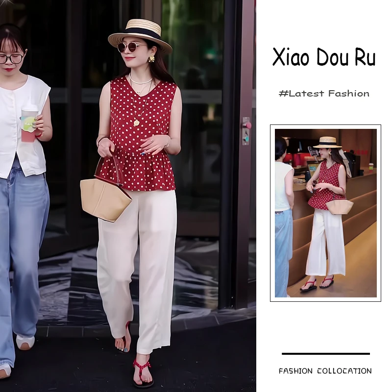 夏季流行穿搭一整套新款2025年港风显瘦波点无袖上衣阔腿裤两件套