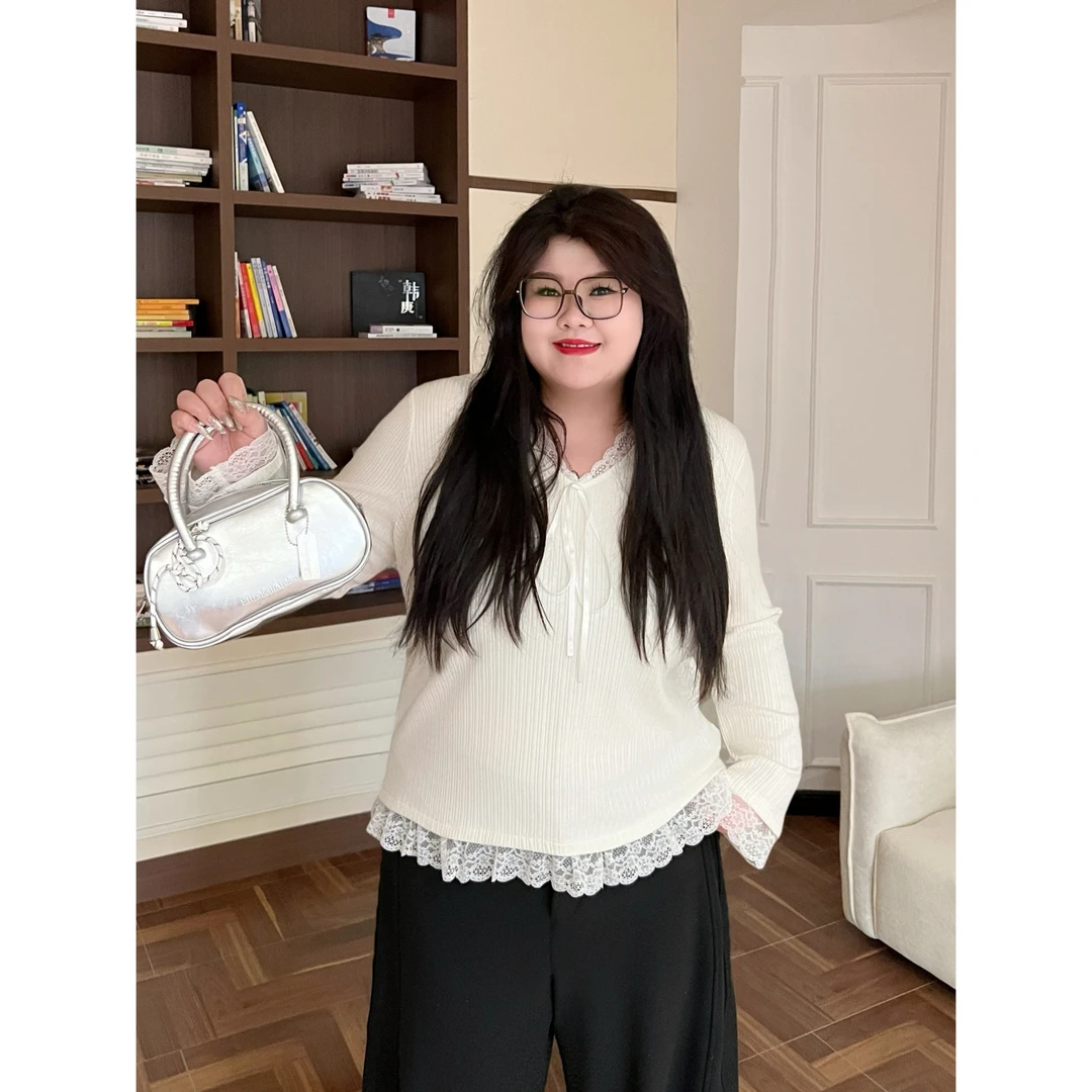 花契“旧金山湾”大码女装冬季百搭200斤胖mm蕾丝拼接打底衫16286-X