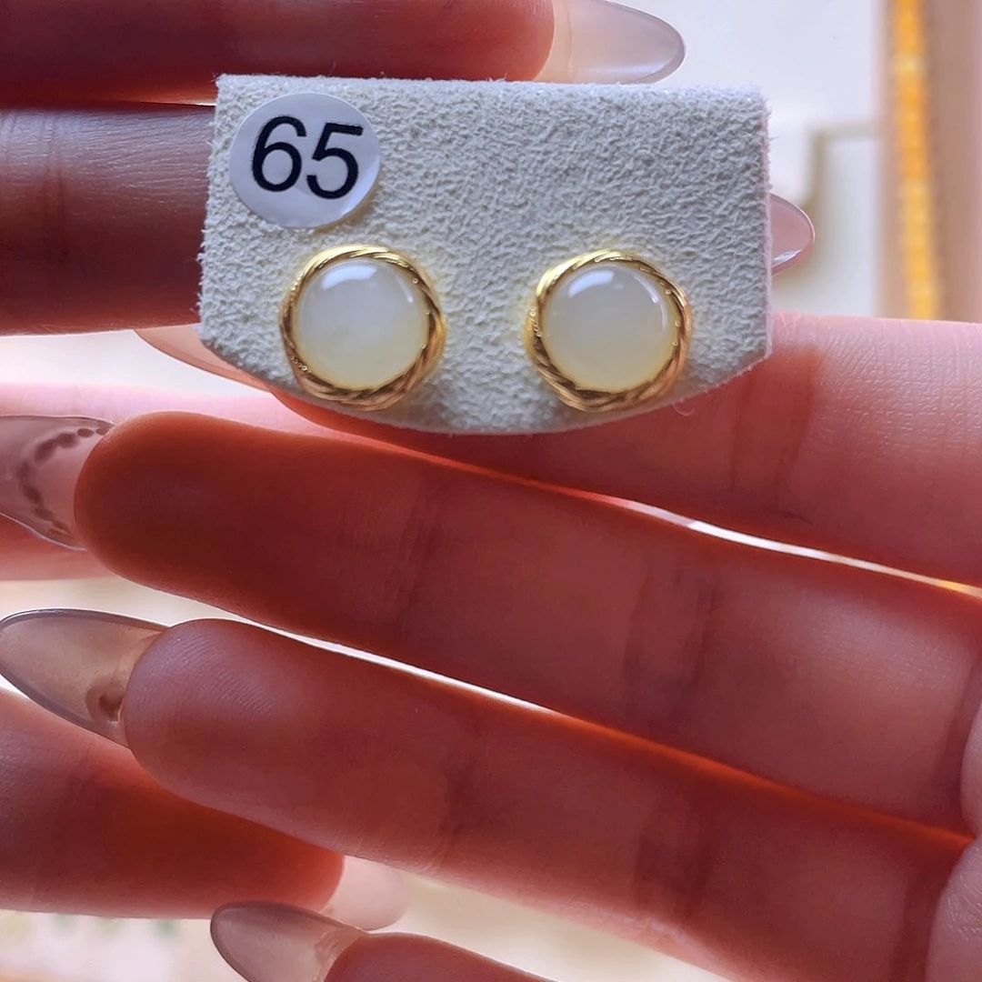 和田玉耳饰银S925镀金镶嵌