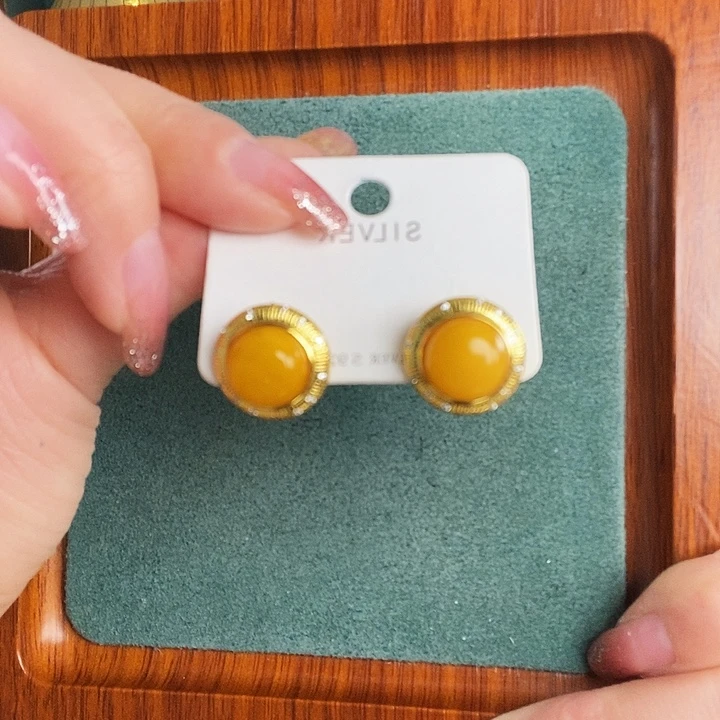蜜蜡银S925镶嵌耳饰耳钉