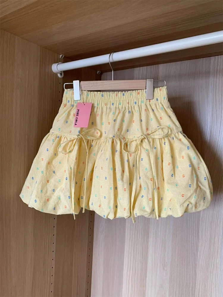 【现货秒发】甜美波点松紧高腰花苞裙夏百褶裙子a字蛋糕半身裙短裙