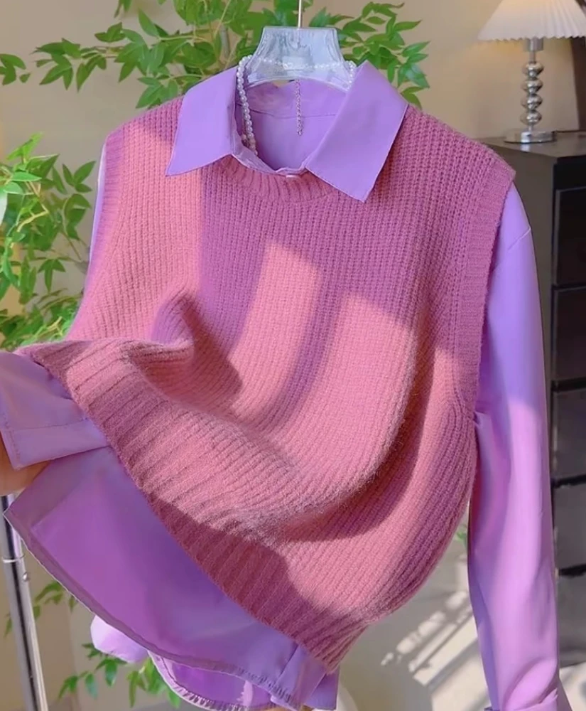 Nj194小众洋气春季坎肩针织背心马甲搭配长袖衬衫两件套
