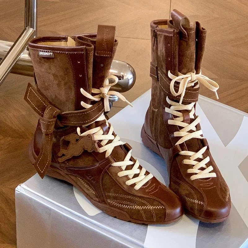 秋季新品~平底内增高马丁靴女新款拳击靴磨砂皮系带中筒短靴德训