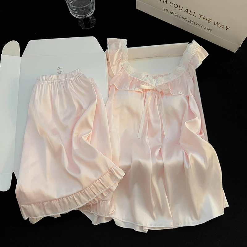 吊带睡衣女夏季冰雪丝带胸垫凉感大码2025新款粉色花边套装家居服