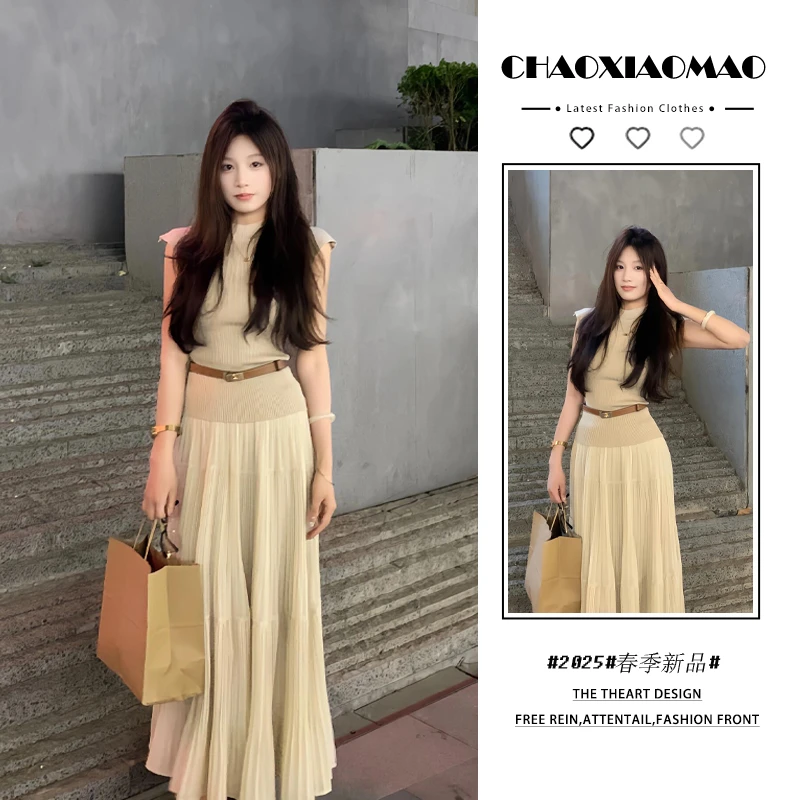 2025年春夏新款韩穿搭套装女气质修身一字领上衣百褶半身裙两件套