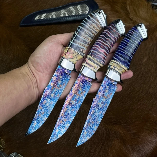 手工制作马赛克大马人脸纹烤蓝手柄猛犸冰牙收藏户外生存刀水果刀