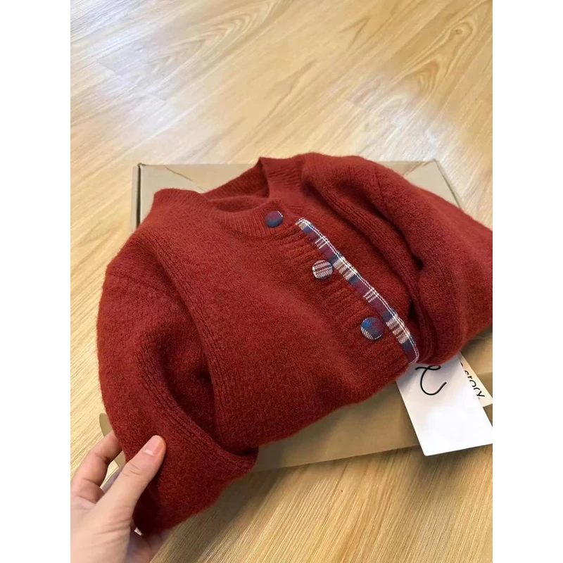 美式复古圆领针织衫假两件毛衣女秋冬款宽松显瘦开衫长袖外套上衣