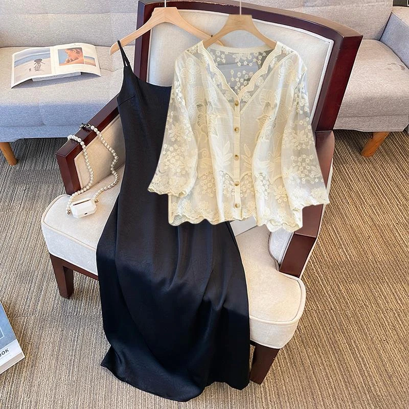 大码女夏季2025新款胖mm法式镂空蕾丝防晒罩衫吊带连衣裙显瘦套装