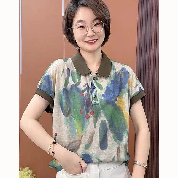 夏季新款宽松大码时尚洋气百搭薄款减龄l印花连袖妈妈装上衣女104