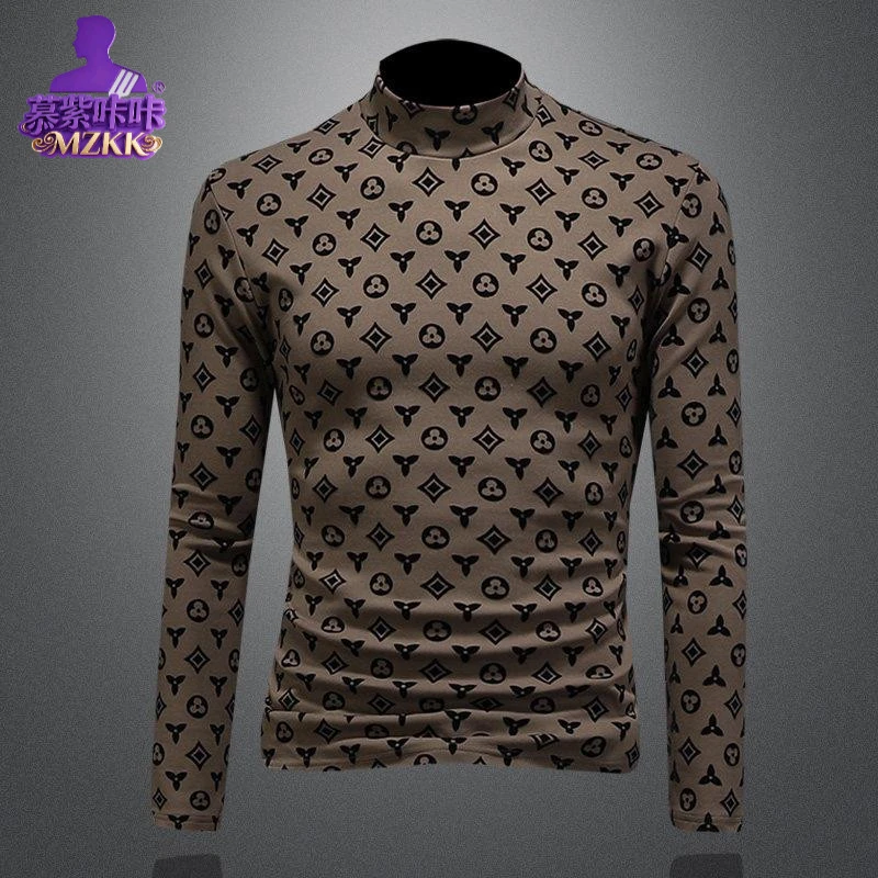 慕紫咔咔秋冬新款男士半高领打底衫潮流休闲字母印花加绒保暖长袖