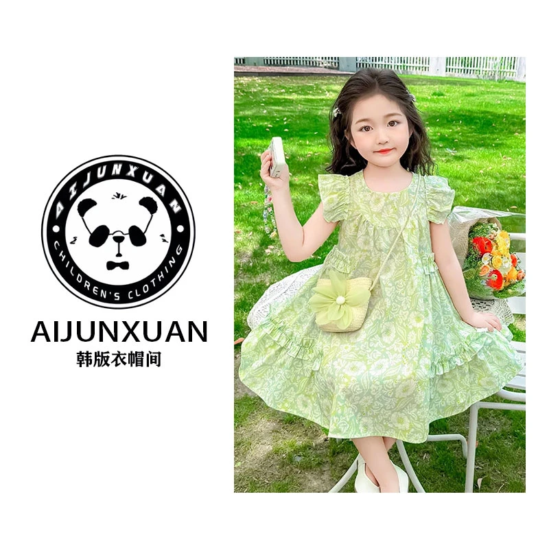 女童连衣裙夏装2025新款女孩洋气小飞袖儿童休闲花边公主连衣裙