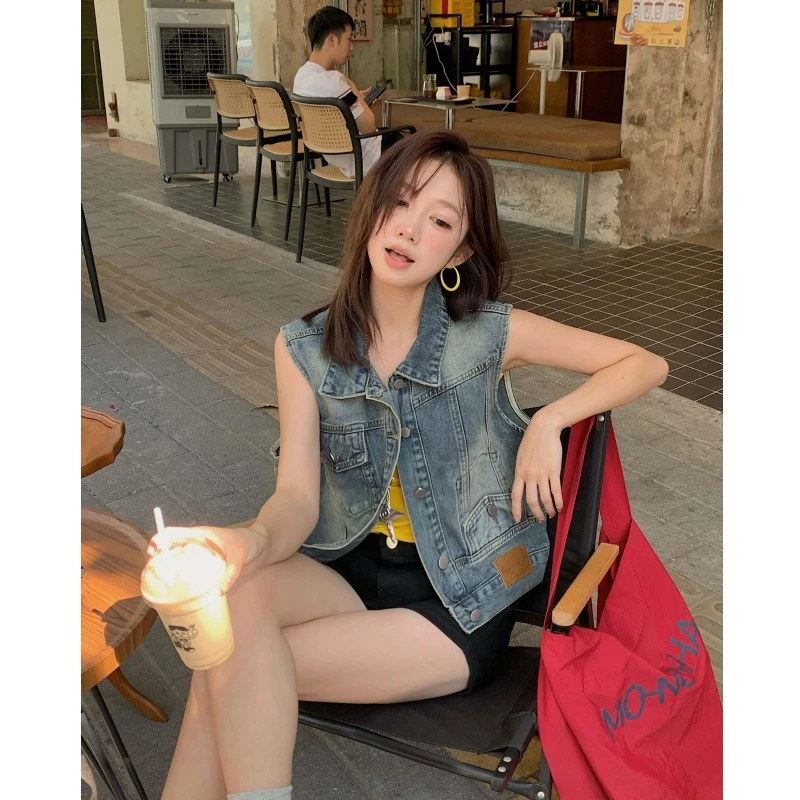 新款潮流不规则复古休闲百搭牛仔马甲港风定制马甲显瘦0026