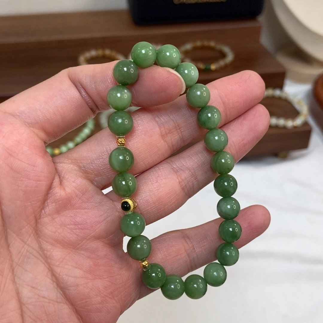 和田玉18K金镶嵌手链8mm黑阳洞碧玉精品