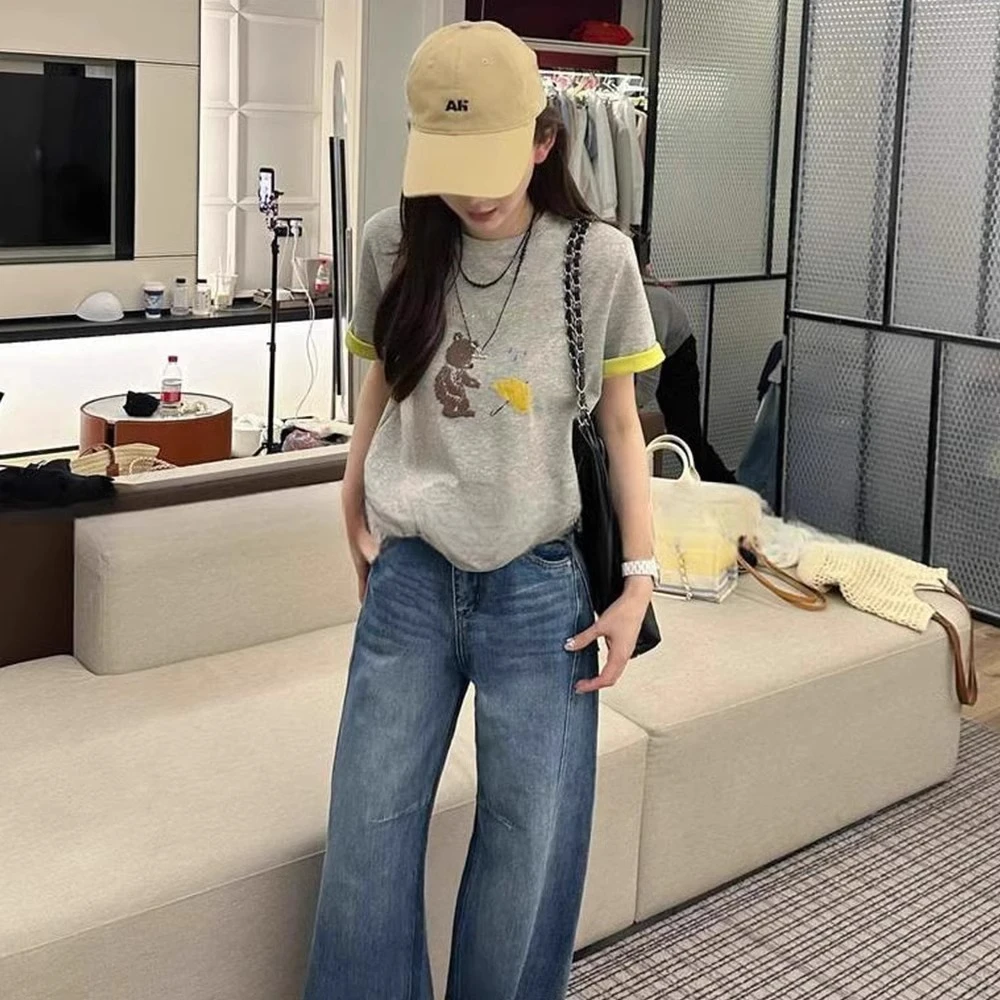 芯娇晴撞色圆领小熊正肩短袖t恤女2025新款夏季韩系chic穿搭上衣