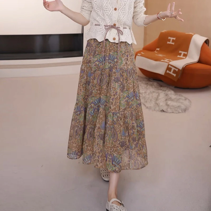 时尚设计感碎花雪纺半身裙女2025夏季新款宽松遮肉显瘦垂感中长裙