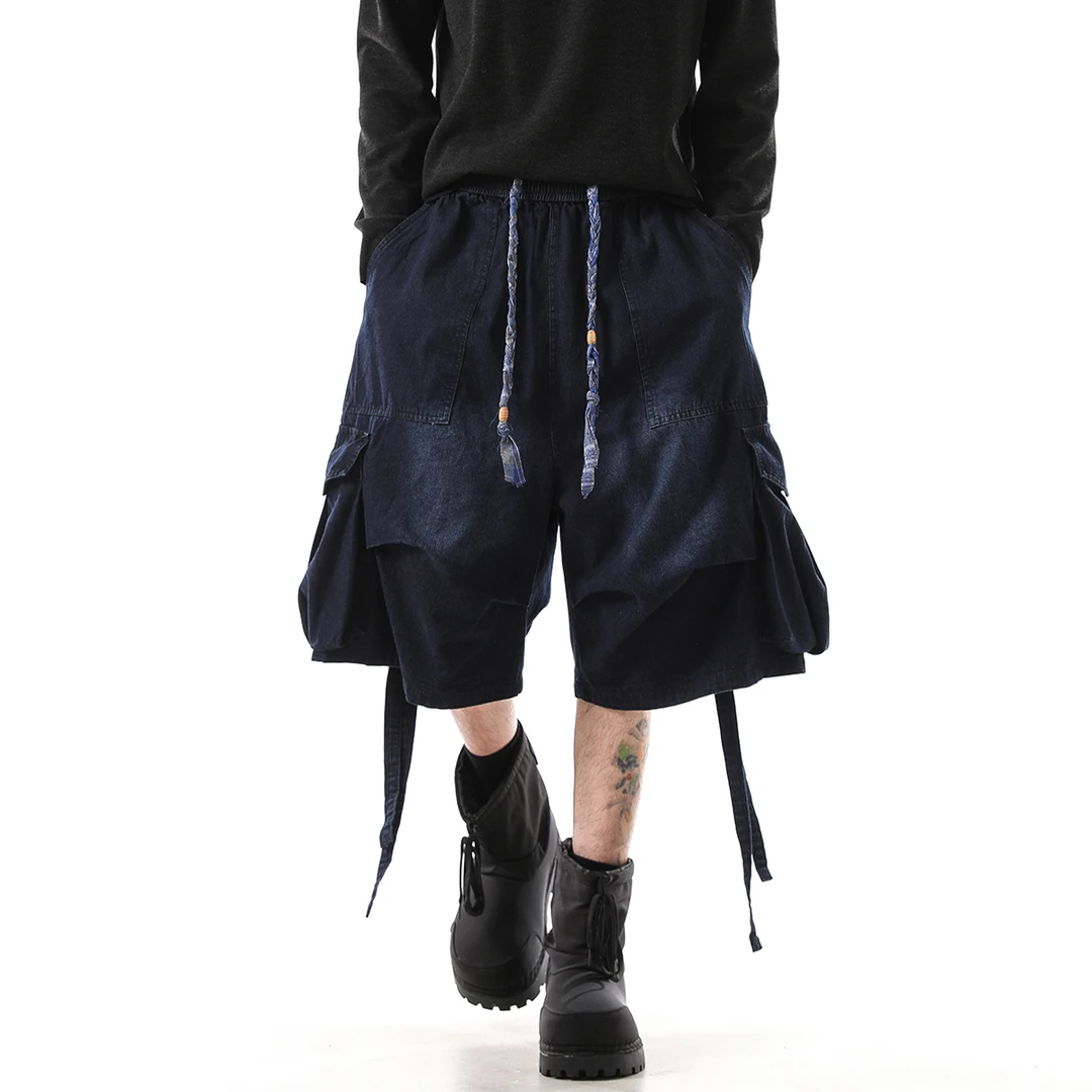 MONOLOGE夏季工装短裤男痞帅宽松牛仔七分裤美式潮牌百搭直筒中裤