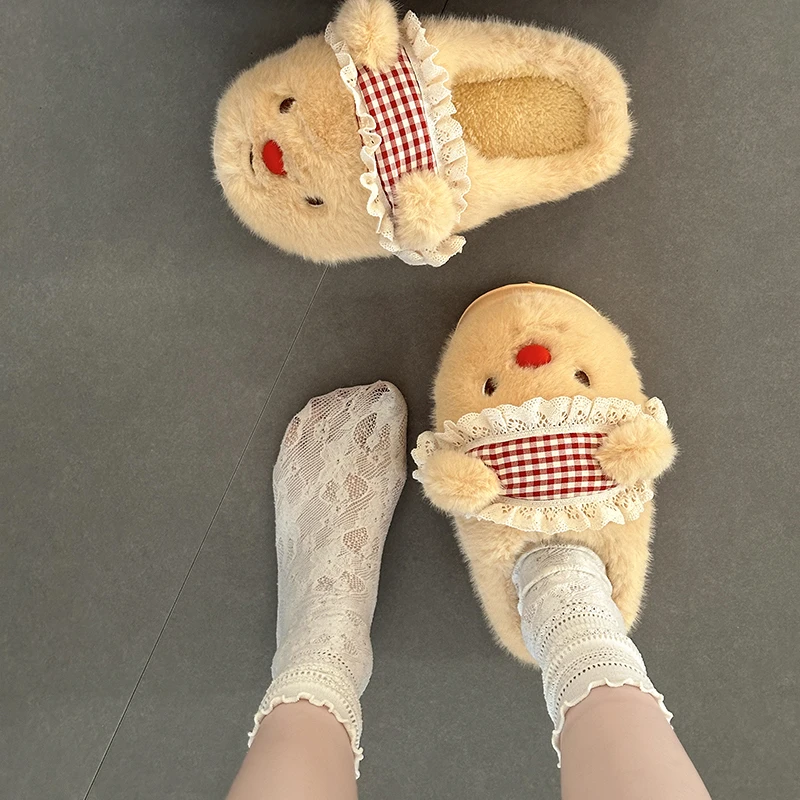 可爱卡通格子小熊毛毛拖鞋女外穿2025秋冬新款毛茸茸棉拖鞋包头拖