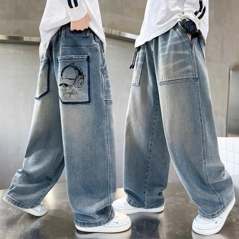 男童裤子新款中大童春季儿童男孩直筒痞帅潮酷牛仔裤春秋款阔腿裤