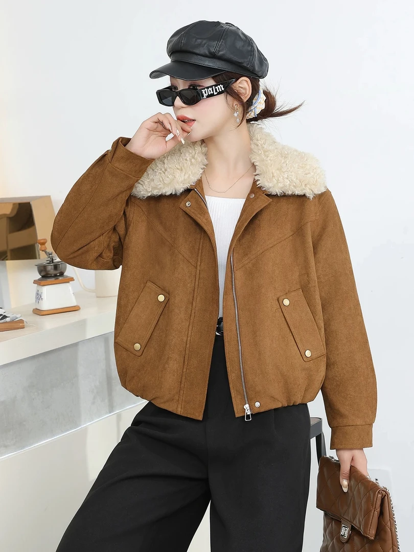 2025秋冬新款时尚羊羔毛领短款派克服女宽松加厚加绒保暖棉服外套