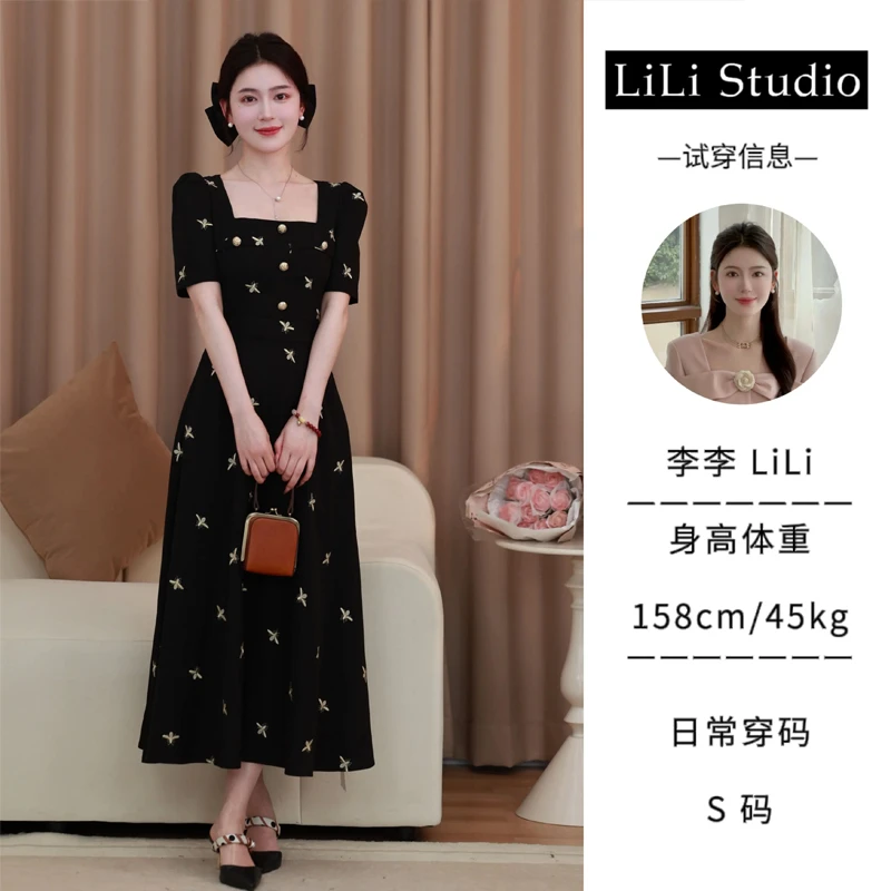 【夏日交响乐】LiLi法式高定金丝线刺绣显瘦黑金连衣裙 xmzh2590