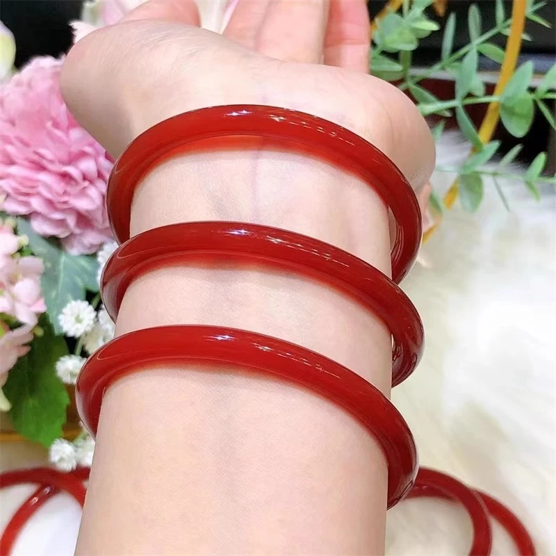 天然红玛瑙细圆条手镯美人镯本命年红玉髓叮当镯冰透玉石珠宝首饰