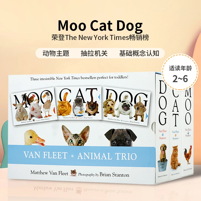 进口Van Fleet Animal Trio: Moo Cat Dog触摸书机关书3册精装盒H