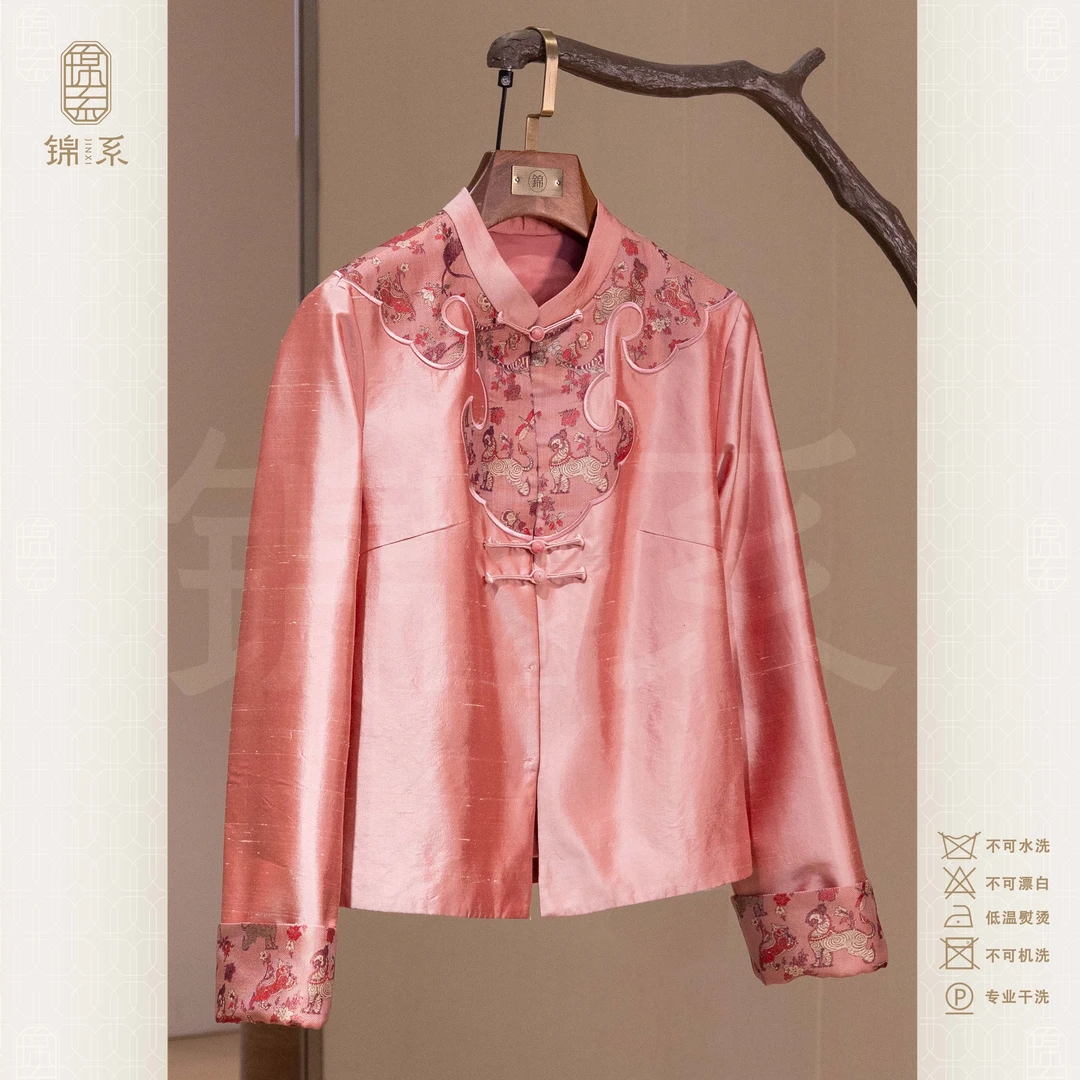 【锦系】真丝双宫新中式桑蚕丝袖口撞色立领直襟长袖太太服E-383055