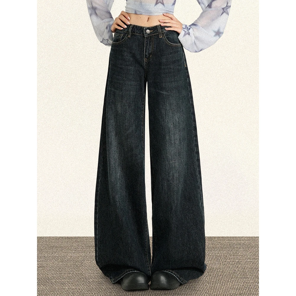 深蓝色低腰直筒牛仔裤女秋季新款美式复古休闲宽松阔腿拖地裤子潮