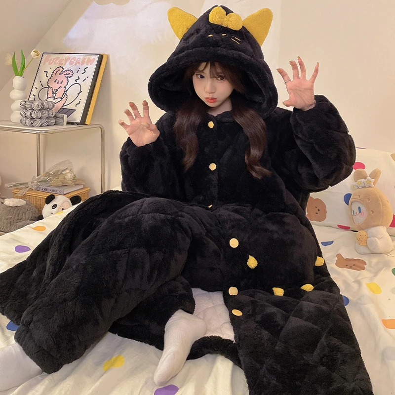 三层夹棉睡袍女士冬保暖连帽出门加厚加绒家居服长袖长裤套装厚款