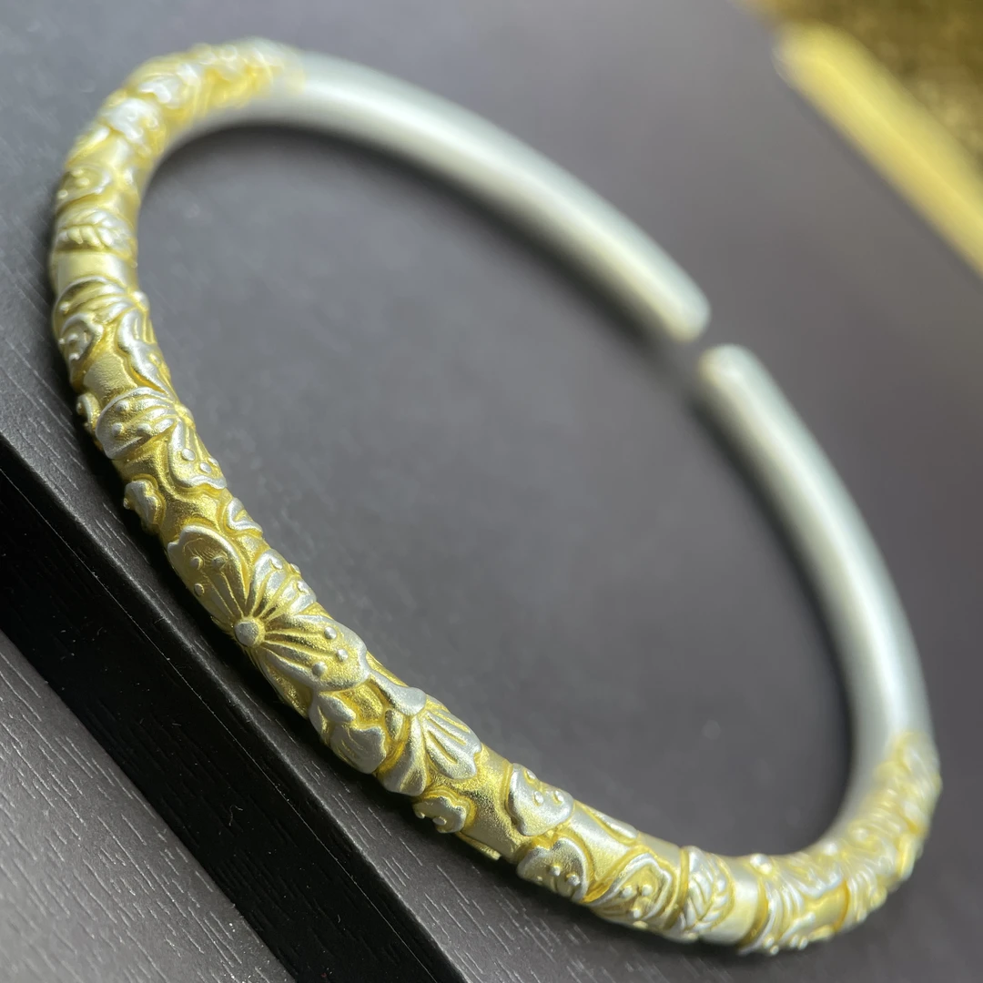 足银手镯 43号足银999.9古法描金樱花开口可调节纯银手镯约28克