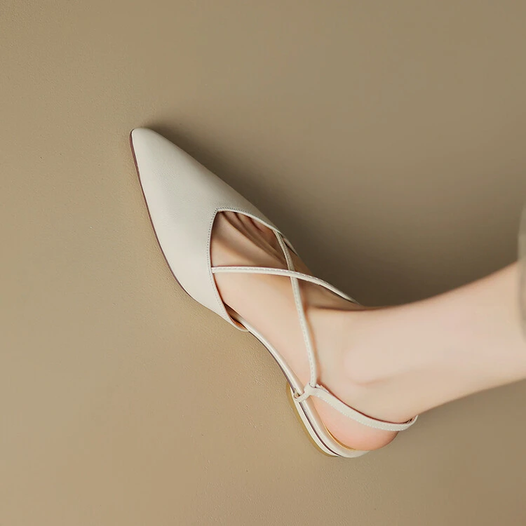 性感包头银色凉鞋女夏法式交叉带后空真皮平跟单鞋浅口尖头平底鞋