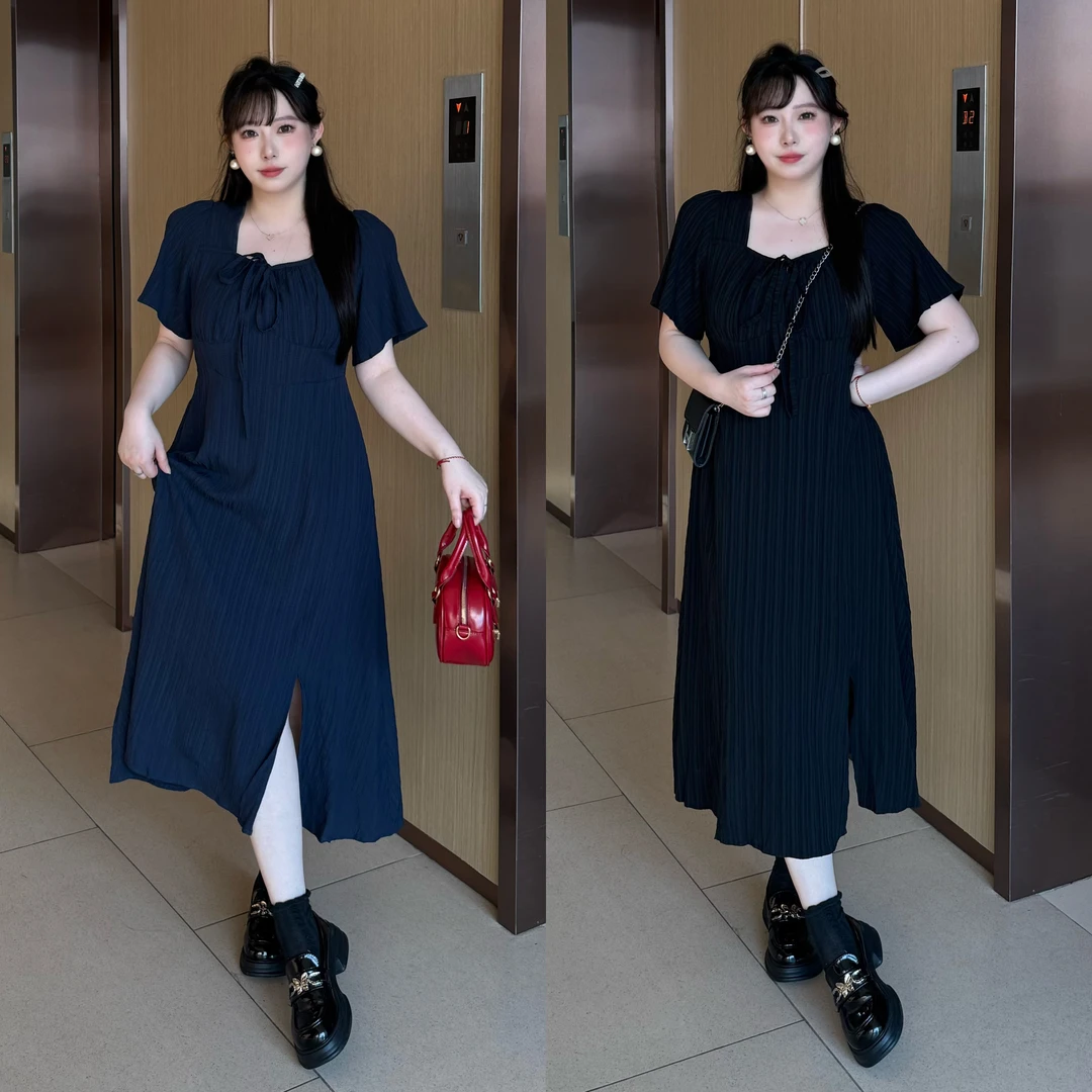 亿米-现货(蓝调时光)法式方领高腰抽绳显瘦大码胖MM连衣裙