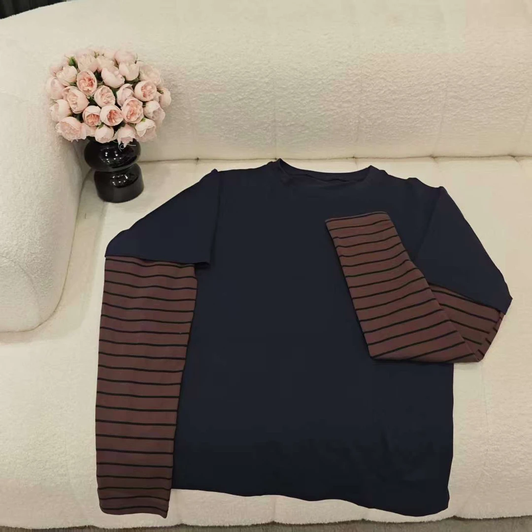 5729复古假两件圆领长袖条纹拼接卫衣宽松版字母T恤