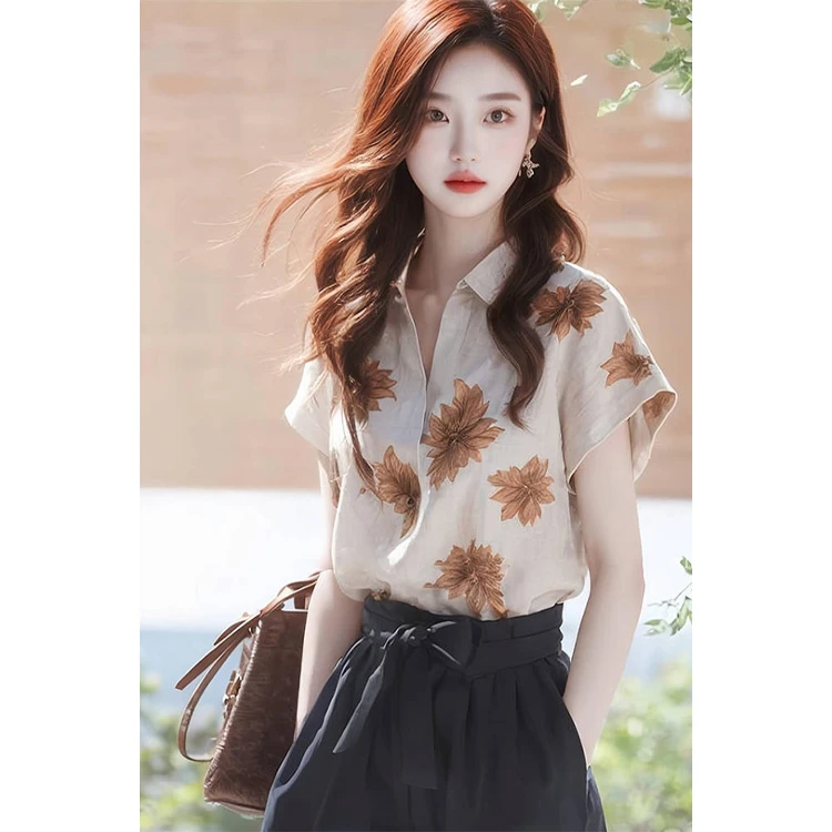 亚麻印花polo领短袖衬衫女士设计感小众夏季独特别致宽松薄款上衣