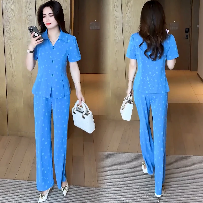 时尚套装女2025夏季新款洋气质显瘦短袖波点衬衫高腰阔腿裤两件套