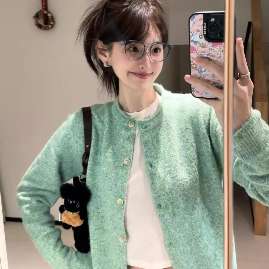 法式气质薄荷绿卷边针织开衫毛衣外套女春秋软糯绿色上衣早春外搭