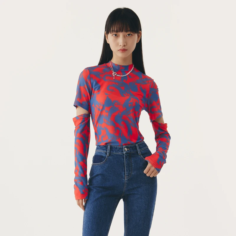 HPLY荷比俪2022秋季新款女花型图案修身气质上衣HMC30610386