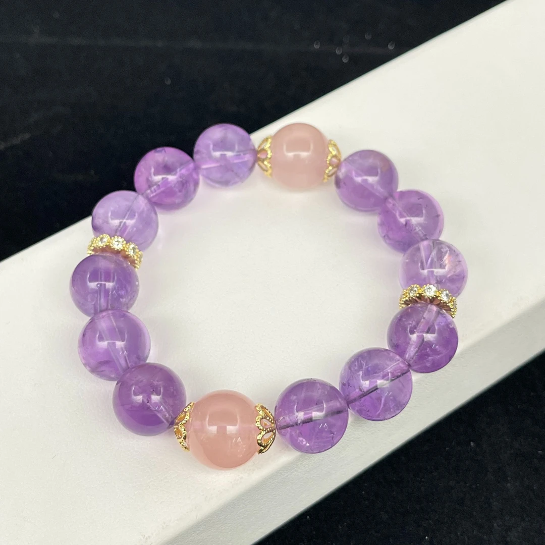 【紫芙】天然紫水晶12mm+粉水晶12mm（招桃花手串）