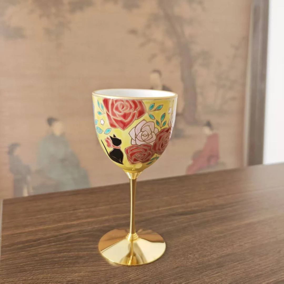 九谷烧 黑猫黄色180ml高脚杯