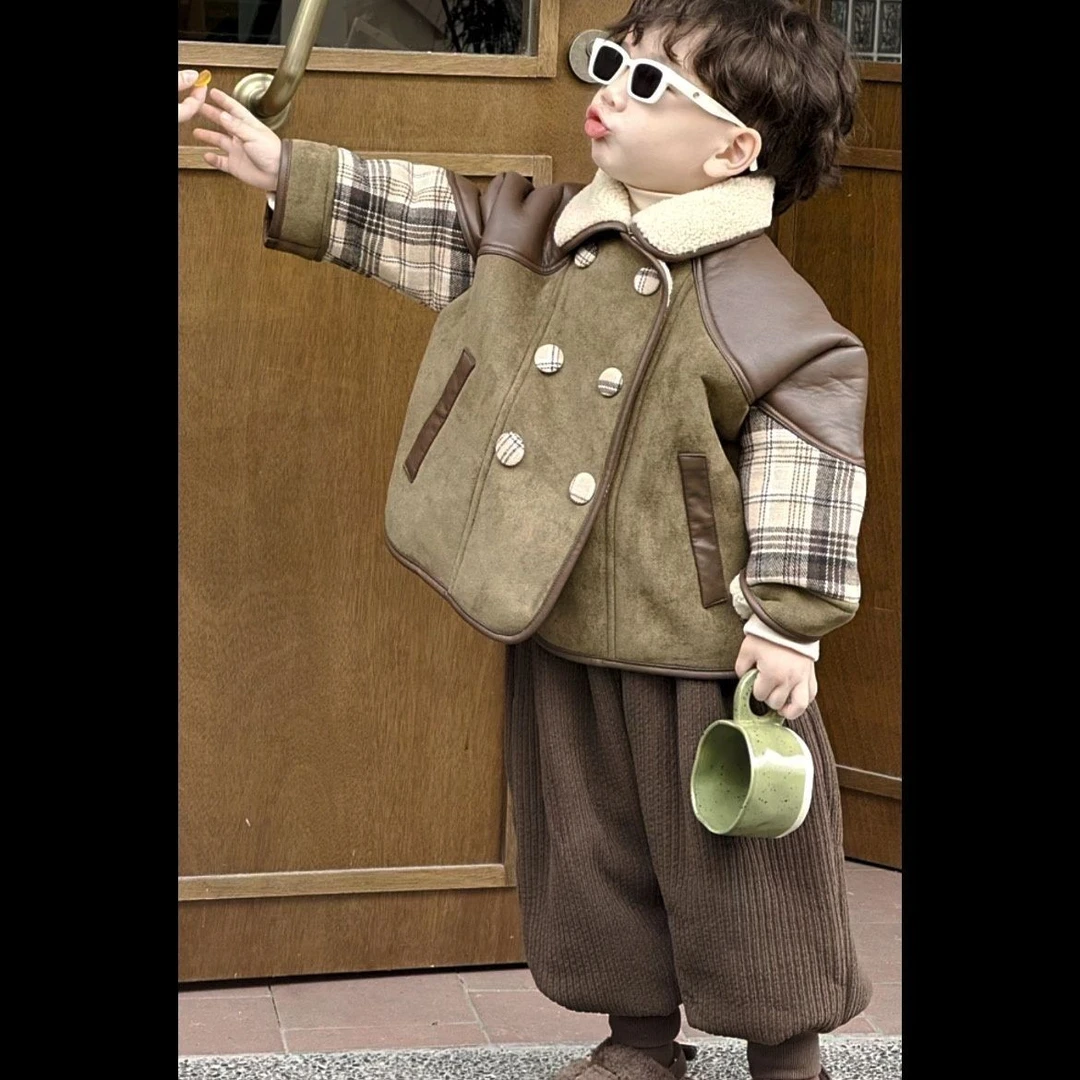 男童2025新款冬季美拉德韩版羊驼绒拼色格子外套男女宝宝加绒裤子
