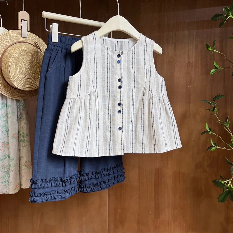 现货【吉娜】5268女童夏季薄款娃娃衫洋气条纹百搭无袖背心上衣