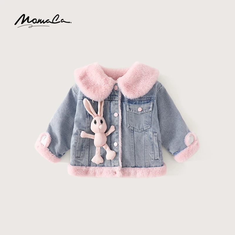 MOMOCO冬季新款女童甜美牛仔毛领小兔子玩偶加绒外套75830108006
