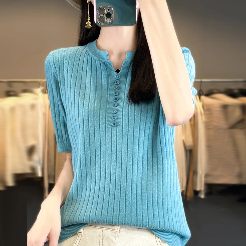 新款针织短袖女气质V领纽扣时尚上衣显瘦坑条五分袖打底衫