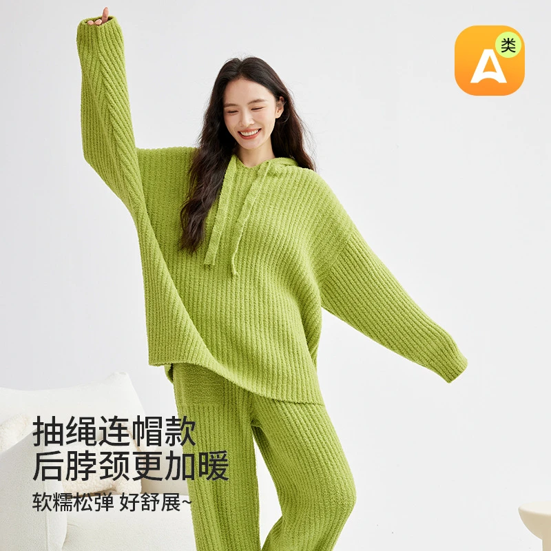 半边绒睡衣女秋冬加厚保暖连帽坑条女士睡衣冬季半边绒家居服套装